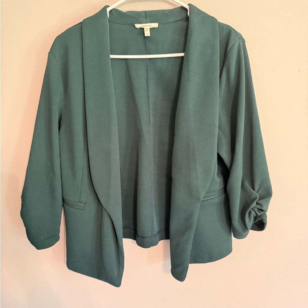 Maurices Green Blazer with Ruched Sleeves and Waterfall Collar